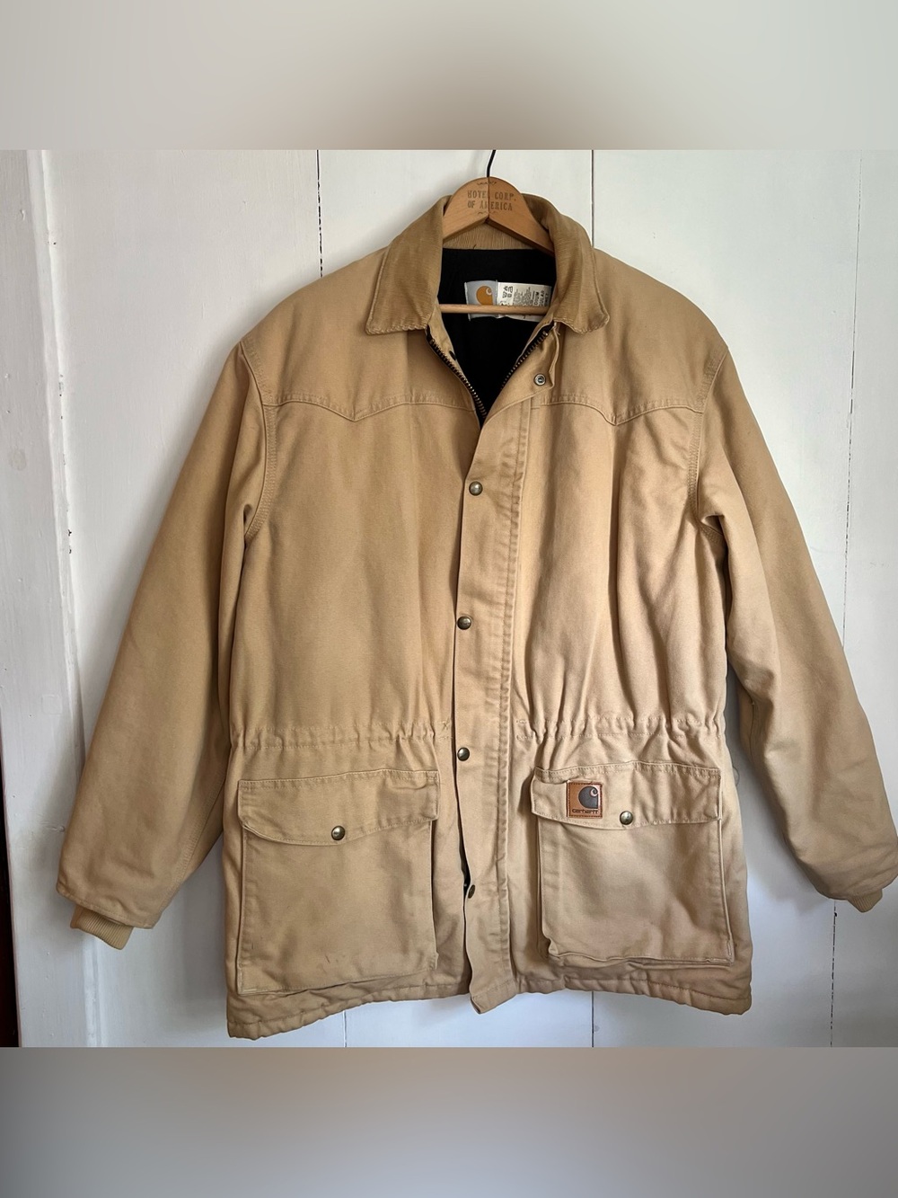 Vtg Carhartt Blanket Lined Chore Coat Beige Brown Duck Canvas USA C08 WET - Med